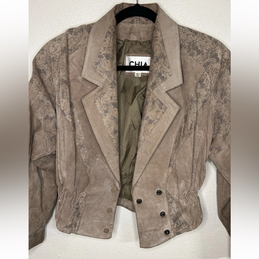 Vintage 90’s CHIA Cropped Brown Suede Leather Jacket Snake Print Panel Korea XS - Picture 5 of 16